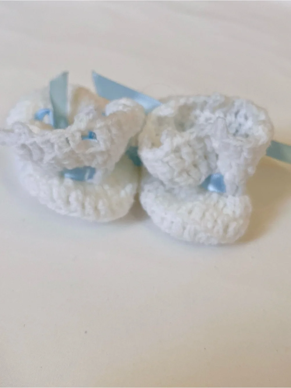 Vintage Handmade Crochet Baby Booties White Blue Ribbon 0–3 Months